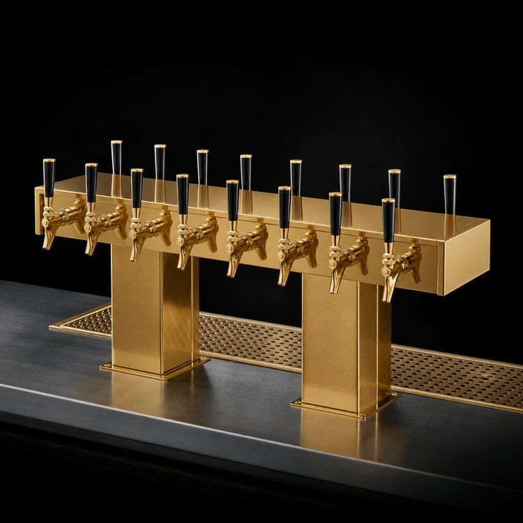 Product image #3 for Perlick Back-to-Back Bridge Tee Draft Beer Tower, Countertop, Extra High, 32 Faucet Capacity, Glycol-Cooled, Brass Finish