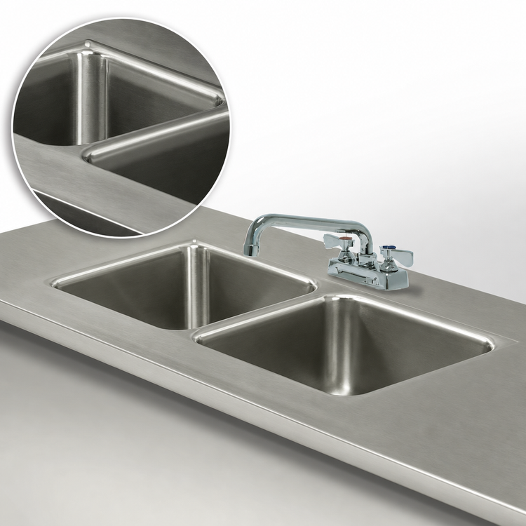 Product image #3 for Advance Tabco TA-11B-2 Double Bowl Welded Sink Into Table Top with Faucet, 16" x 20" x 12" Bowls