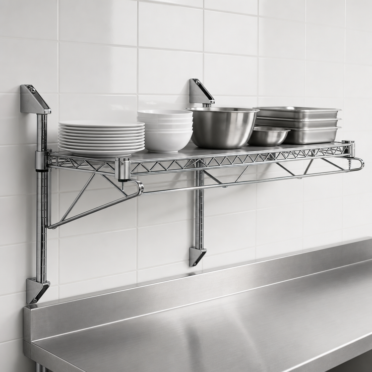 Product image #3 for Quantum Single Shelf Cantilever Wall-Mount Wire Shelving Unit with 60 x 12 Inch Shelf, Chrome Plated