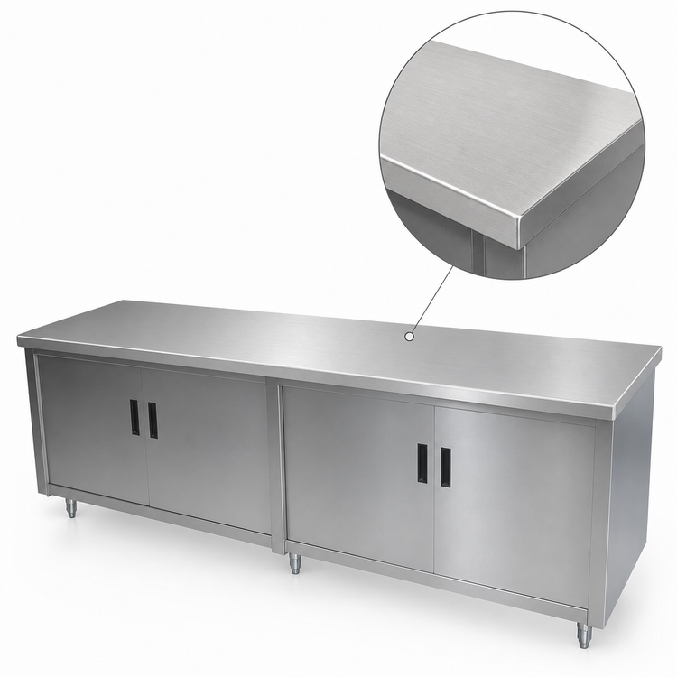 Product image #3 for Advance Tabco Special Value Economy Enclosed Work Table with Cabinet Base, Mid-Shelf and Hinged Doors, 108 x 30 Inches, 16 Gauge 304 Stainless Steel Top