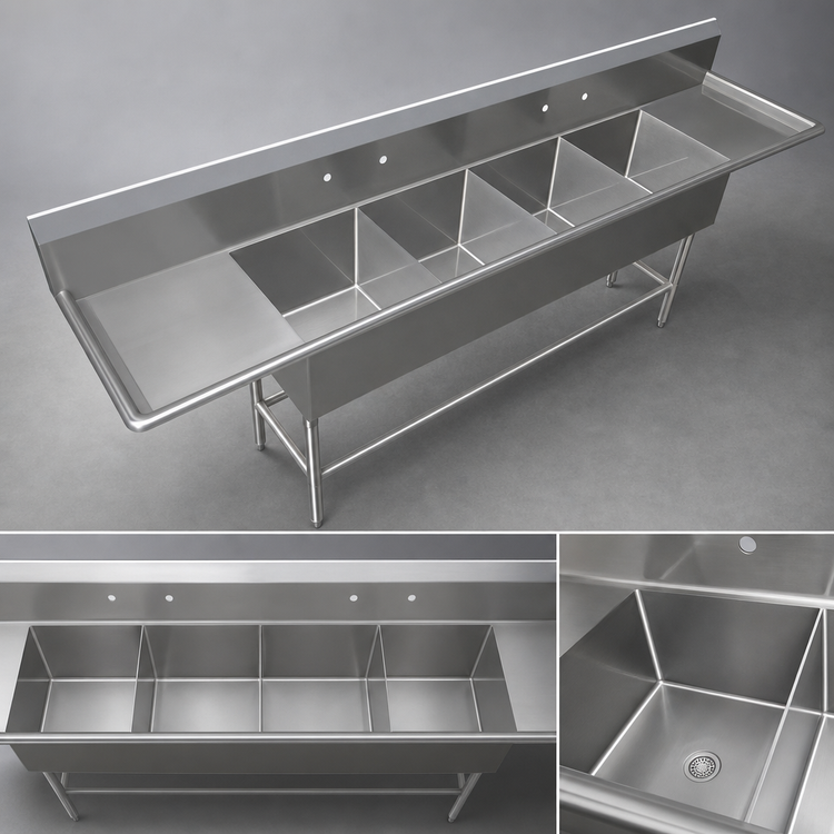 Product image #3 for John Boos Pro-Bowl 4-Compartment Stainless Steel Sink with Dual 30-Inch Drainboards, 20 x 20 x 12-Inch Bowls