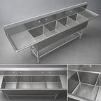 Thumbnail image #3 for John Boos Pro-Bowl 4PB20-2D30 4-Compartment Stainless Steel Sink with Left & Right 30-Inch Drainboards, 20 x 20 x 12-Inch Bowls