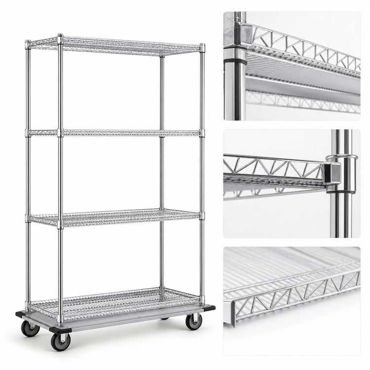 Product image #3 for Eagle Group 4-Tier Chrome Wire Shelving Dolly Truck, 48 x 18 Inches, 69 Inches High