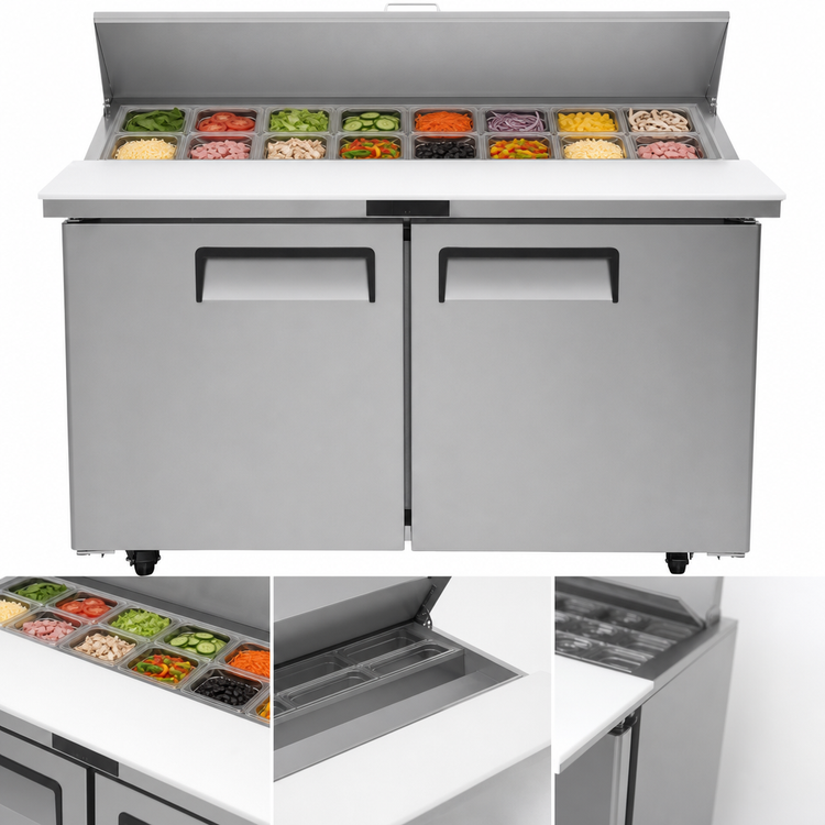 Product image #3 for Atosa Two-Section Mega Top Sandwich/Salad Prep Table Refrigerator with 18 1/6 Pans, 48-1/5 Inch Wide, 13.4 Cu. Ft., Rear-Mounted Self-Contained Refrigeration