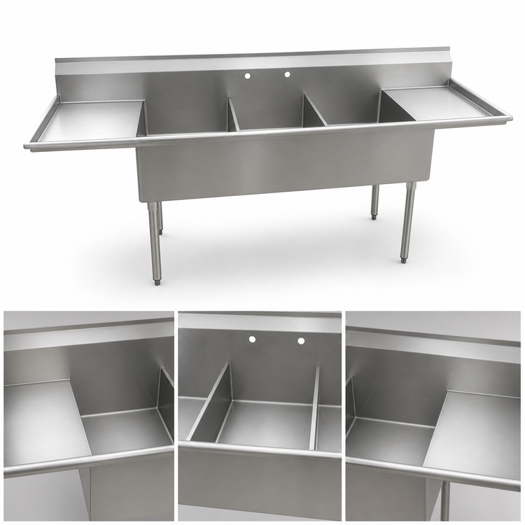Product image #3 for Eagle Group Three-Compartment Utility Sink with Double Drainboards, 90-1/4" Wide, 16 Gauge, 304 Stainless Steel