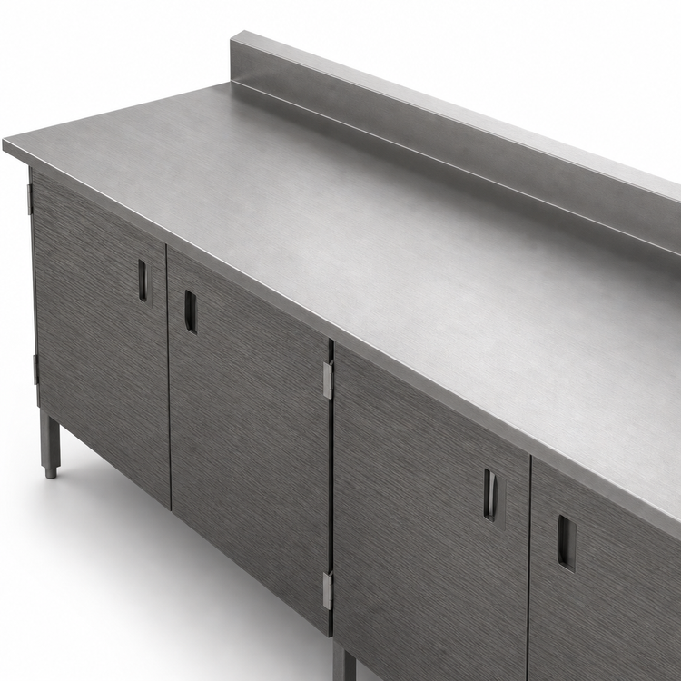 Product image #3 for John Boos Enclosed Base Work Table with Hinged Doors, 132W x 30D, 16-Gauge 300 Series Stainless Steel Top, 5-Inch Backsplash