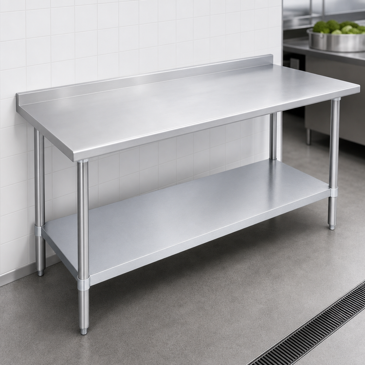 Product image #3 for Duke 48" x 36" 16-Gauge 300-Series Stainless Steel Work Table with 1-1/8" Straight Riser and Galvanized Undershelf