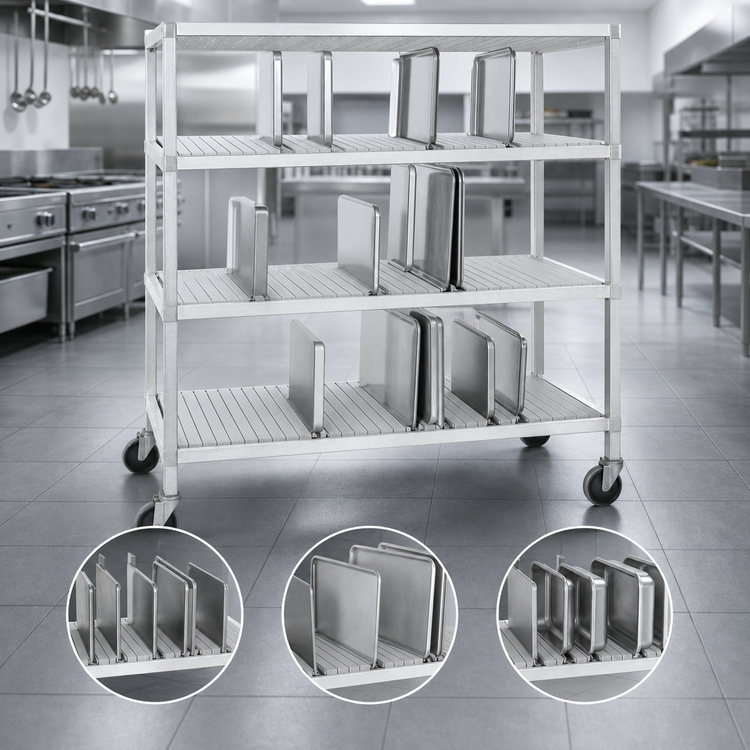 Product image #3 for Channel Manufacturing Mobile Adjustable Aluminum Tray Drying Rack, 63 x 30 x 60 Inches, 3 Shelves, 21 Slots per Shelf