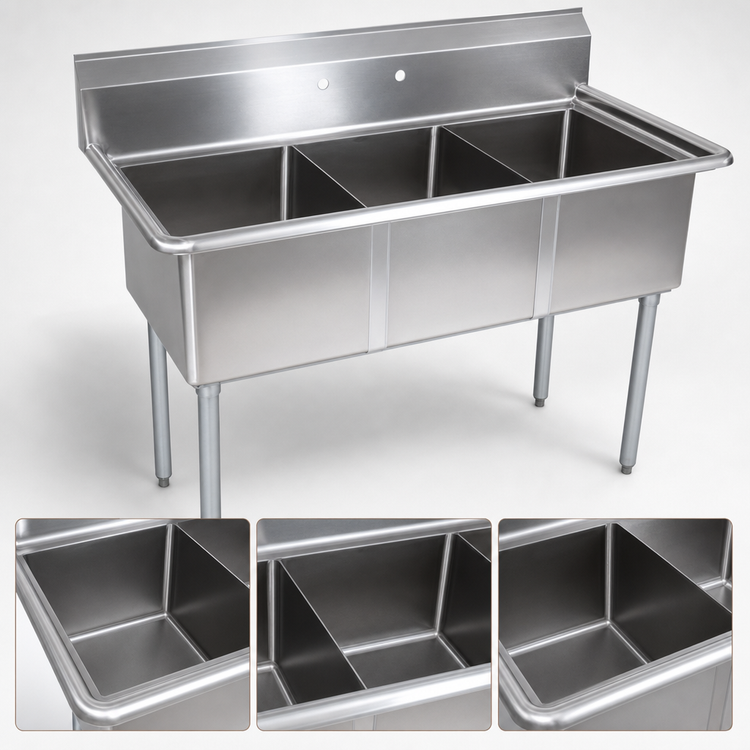 Product image #3 for John Boos E-Series 3-Compartment Stainless Steel Sink with Legs and 9-3/4" Backsplash, 35" W x 19-1/2" D