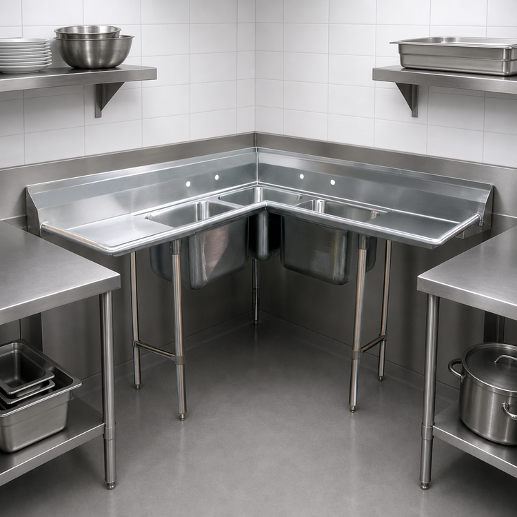 Product image #3 for Advance Tabco 94-K5-11D 3-Compartment Corner Sink with 10-Inch Left and Right Drainboards