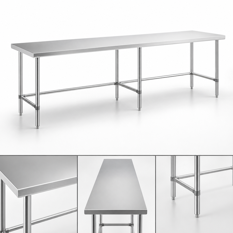 Product image #3 for Sapphire 120-Inch x 24-Inch 18-Gauge 430 Stainless Steel Commercial Work Table with Open Base and 6 Legs