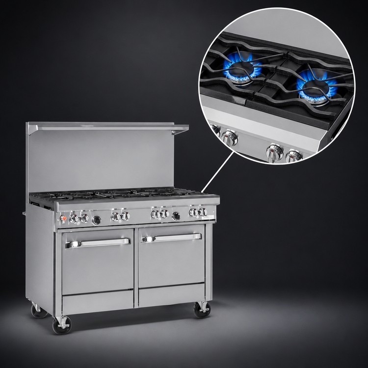 Product image #3 for Southbend Ultimate 48-Inch Gas Restaurant Range with 2 Open Burners, 36-Inch Charbroiler, Standard Oven, Cabinet Base and Wavy Grates