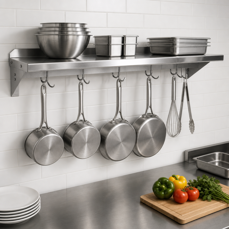 Product image #3 for John Boos Stallion 24 Inch Wall-Mount Stainless Steel Shelf with Pot Rack, 16 Gauge