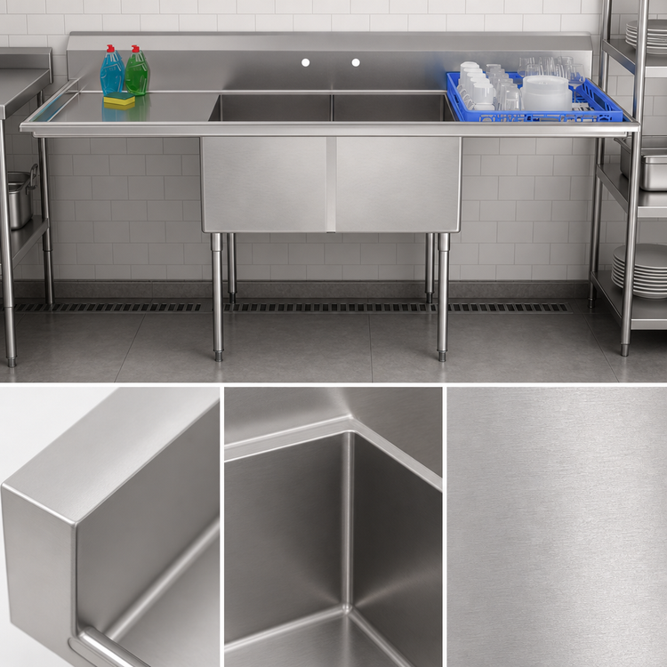 Product image #4 for KoolMore 84-Inch 2-Compartment Commercial Sink with Dual Drainboards and Legs