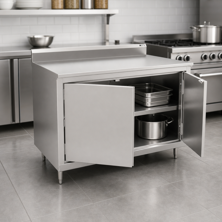 Product image #3 for John Boos Enclosed Cabinet Base Work Table with Hinged Doors, 60 x 24 Inch, 14-Gauge 300 Series Stainless Steel Top