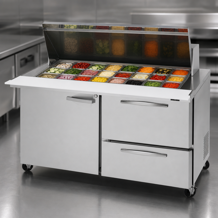 Product image #4 for Turbo Air PRO 60-Inch Two-Section Mega Top Sandwich/Salad Prep Table with Rear-Mount Self-Contained Refrigeration, 24-Pan Top, 2 Drawers and Locking Door