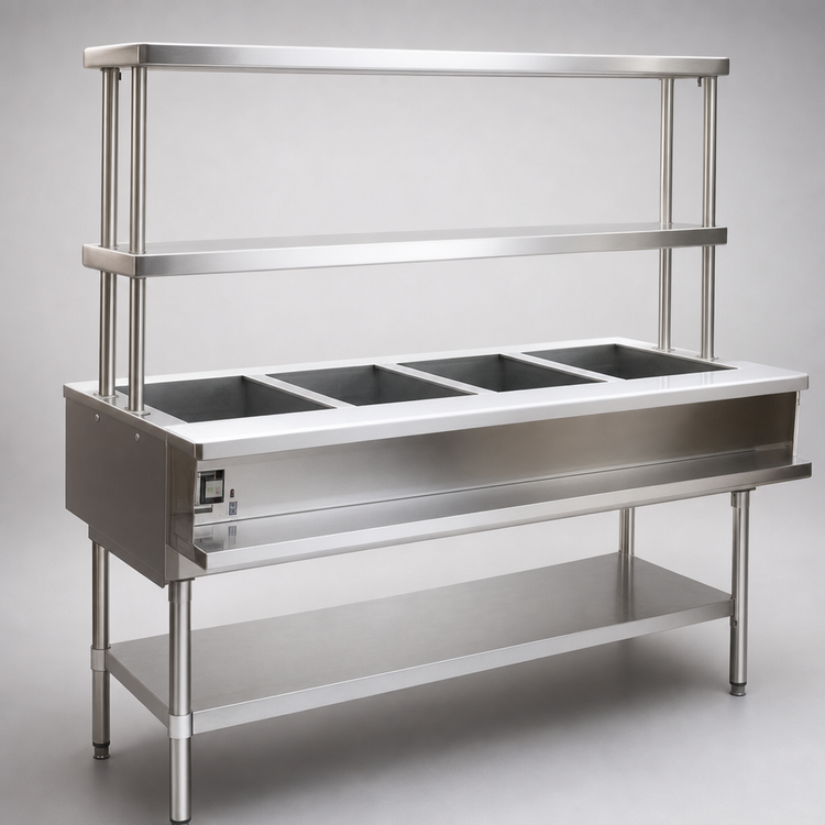 Product image #3 for Eagle Group Water Bath Hot Food Table, Natural Gas, 3-Pan Open Base With Undershelf, Flex-Master Overshelves