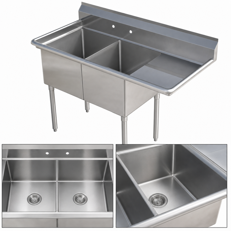 Product image #3 for Sapphire Manufacturing 2-Compartment Commercial Sink with Right Drainboard, 52-1/2-Inch Wide, 18-Gauge 304 Stainless Steel