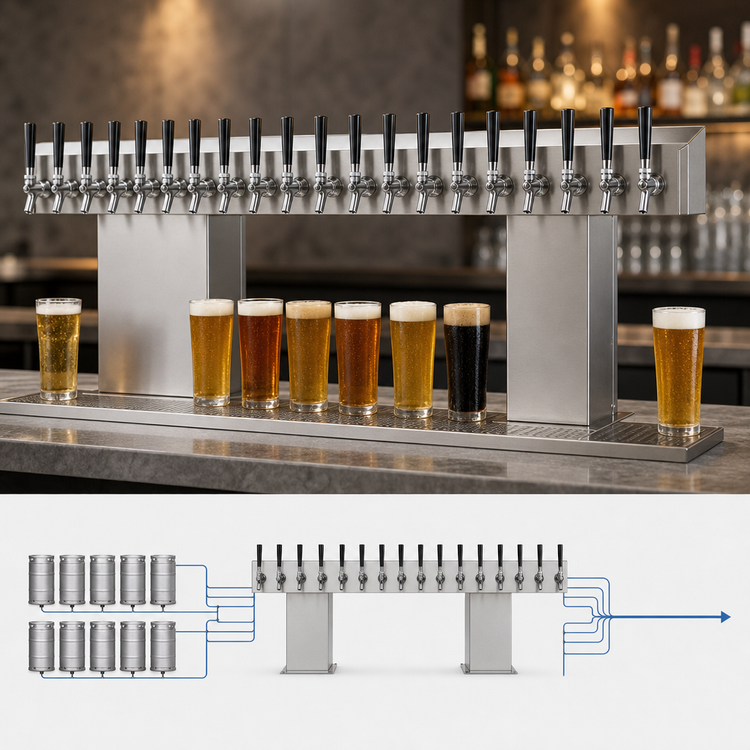Product image #3 for Perlick Bridge Tee Countertop Draft Beer Tower, 20 Faucets, Extra High, Glycol-Cooled, Stainless Steel