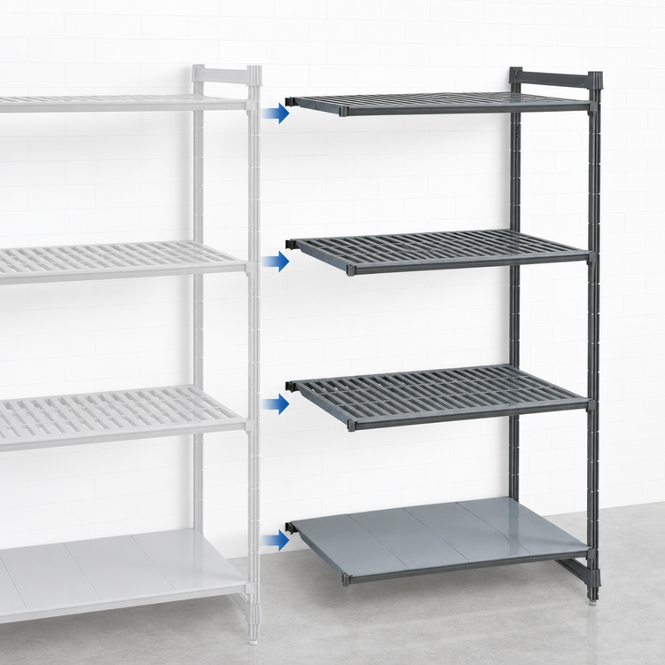 Product image #3 for Cambro Camshelving Basics Plus 21" x 60" x 84" 4-Tier Vented and Solid Add-On Polymer Shelving Unit