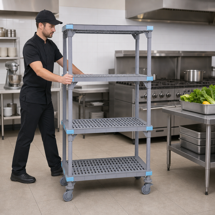 Product image #3 for Millenia 4-Shelf Mobile Polymer Starter Shelving Unit with Open Grid Shelves, 48 x 24 x 74 Inches, Gray