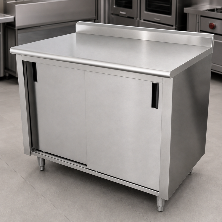 Product image #3 for Advance Tabco Enclosed Cabinet Base Work Table with Sliding Doors, Mid-Shelf, and 14-Gauge 304 Stainless Steel Top, 120 x 24 Inches