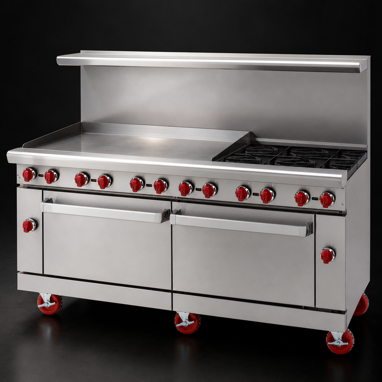 Product image #3 for American Range 72-Inch Gas Restaurant Range with 48-Inch Griddle, 4 Open Burners, Standard Oven, and Storage Base