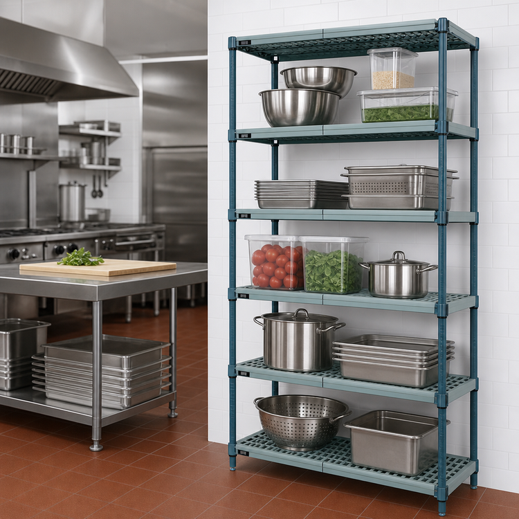 Product image #3 for Quantum 5-Tier Stationary Wire Plastic Mat Shelving Unit, 60W x 18D x 86H, Green Epoxy Antimicrobial