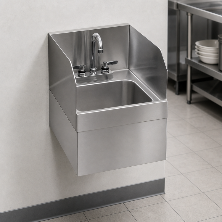 Product image #3 for Glastender Wall-Mount Stainless Steel Hand Sink with Skirt, Faucet and Side Splashes, 14 x 15 Inches