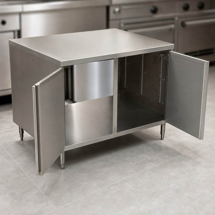 Product image #3 for BK Resources 36" x 30" Dual-Access Stainless Steel Chef Table Cabinet Base with Locking Hinged Doors