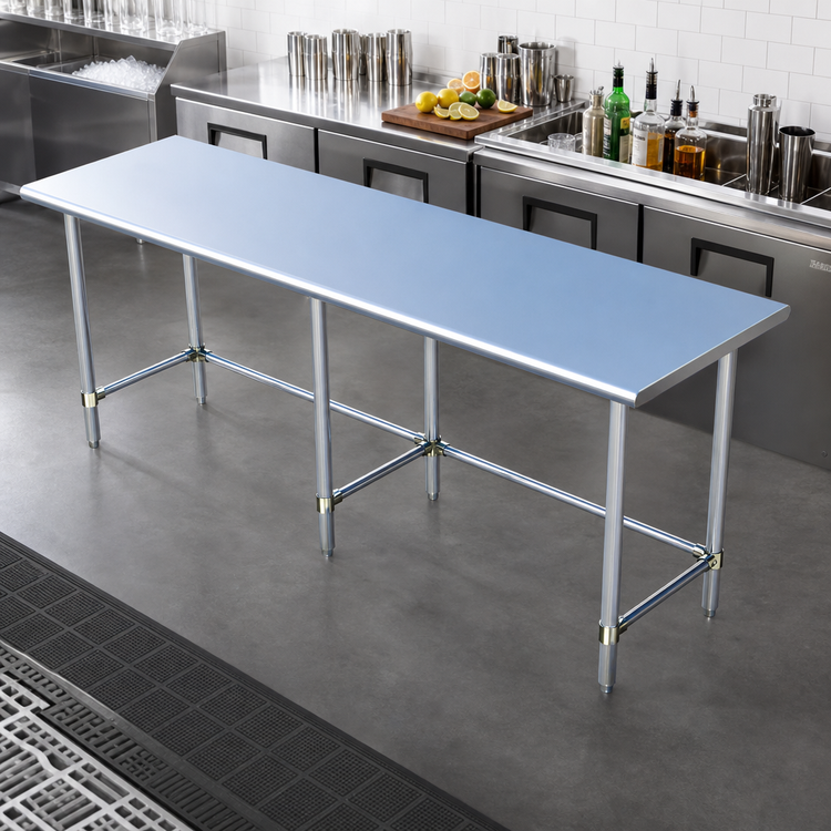 Product image #3 for Sapphire Manufacturing 108-Inch x 18-Inch Stainless Steel Open Base Underbar Work Table