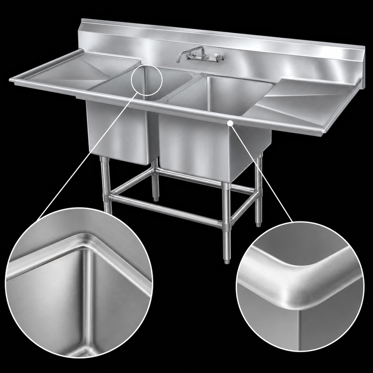 Product image #3 for Spec-Master FN Series 55-1/2 Inch Wide Coved-Corner Two-Compartment Sink with 18-Inch Right Drainboard