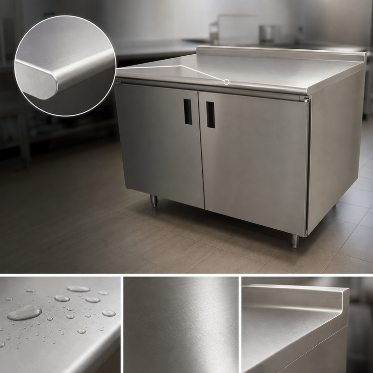 Product image #3 for Advance Tabco Enclosed Work Table with Cabinet Base, Mid-Shelf and Hinged Doors, 96 x 24 Inch, 14 Gauge 304 Stainless Steel Top