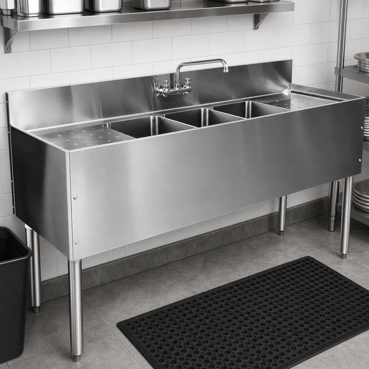 Product image #3 for CHOICE by Glastender Four-Compartment Stainless Steel Underbar Sink Unit, 84 Inch W x 19 Inch D, with Dual Drainboards