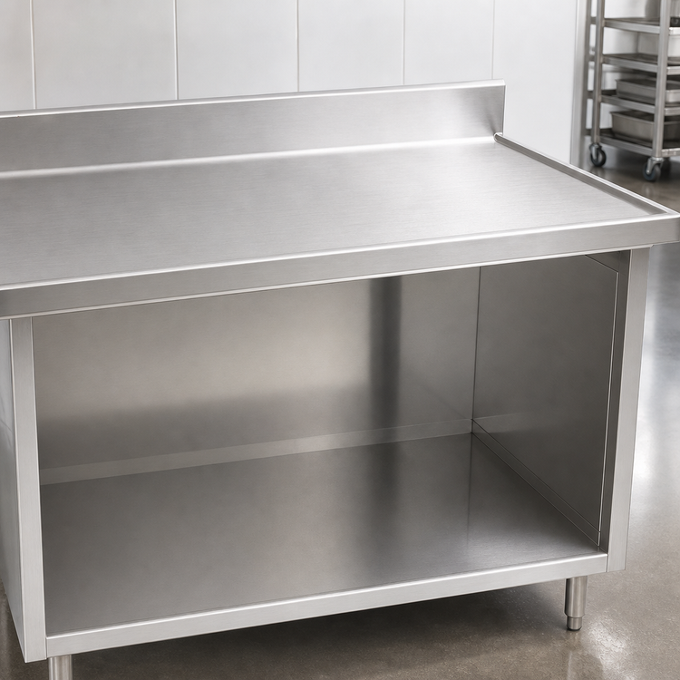 Product image #3 for Eagle Spec-Master Marine Series 96-Inch x 30-Inch 14-Gauge 304 Stainless Steel Work Table with Open Front Cabinet Base and 1-1/2-Inch Rear Up-Turn