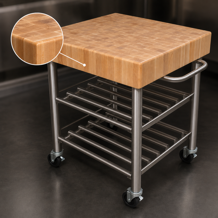 Product image #4 for John Boos Cucina D'Amico Maple End Grain Butcher Block Wine Cart with Stainless Steel Base