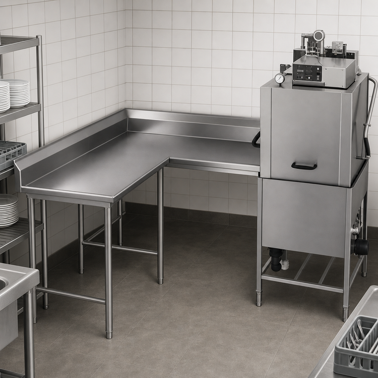 Product image #3 for Eagle Group Left-Hand Corner Clean Dishtable, 84-Inch Machine-to-Corner, 60-Inch Corner-to-End, 16-Gauge 304 Stainless Steel