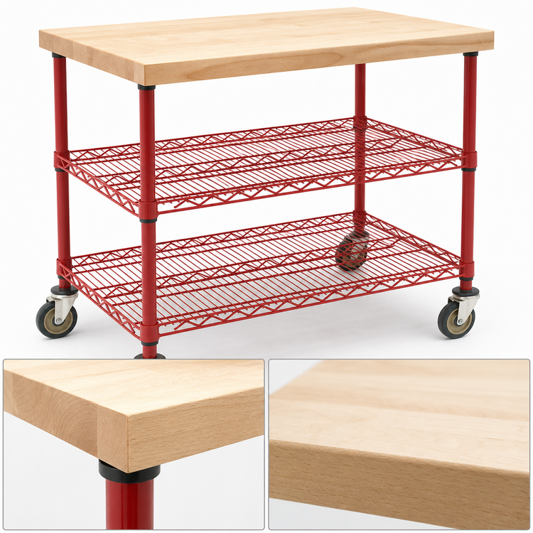 Product image #3 for Eagle Group QuadTruss 3-Tier Maple Top Demo Cart with 2 Wire Shelves, 36 x 24 x 34 Inches, Red Epoxy Finish