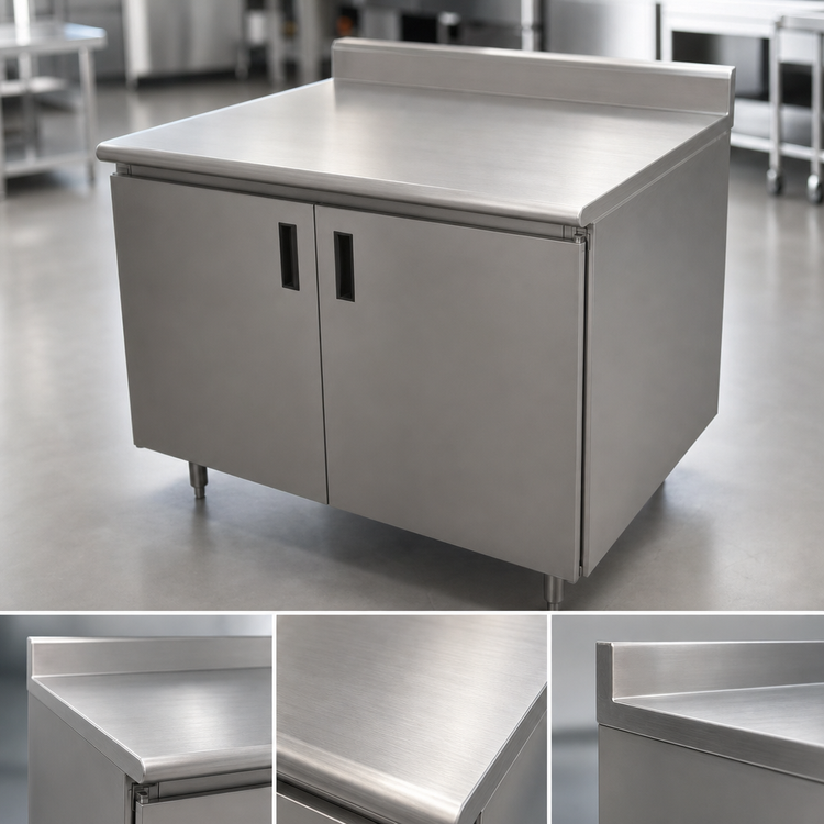 Product image #3 for Advance Tabco Special Value Enclosed Work Table with Cabinet Base, Mid-Shelf & Hinged Doors, 36 Inch W x 30 Inch D, 16 Gauge 304 Stainless Steel Top, 5 Inch Backsplash