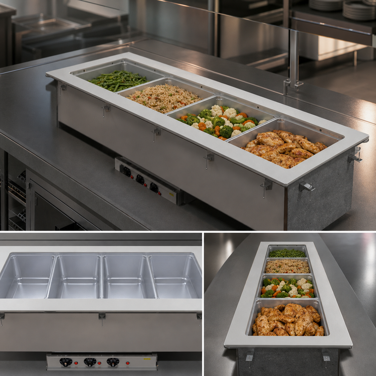 Product image #3 for Vollrath Short-Side 4-Pan Drop-In Marine-Grade Hot Well with Thermostatic Controls and Manifold Drain, 208-240V
