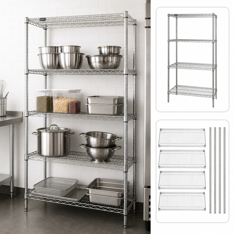 Product image #3 for Quantum 4-Shelf Stationary Wire Shelving Starter Kit, 30" W x 21" D x 74" H, Chrome Plated
