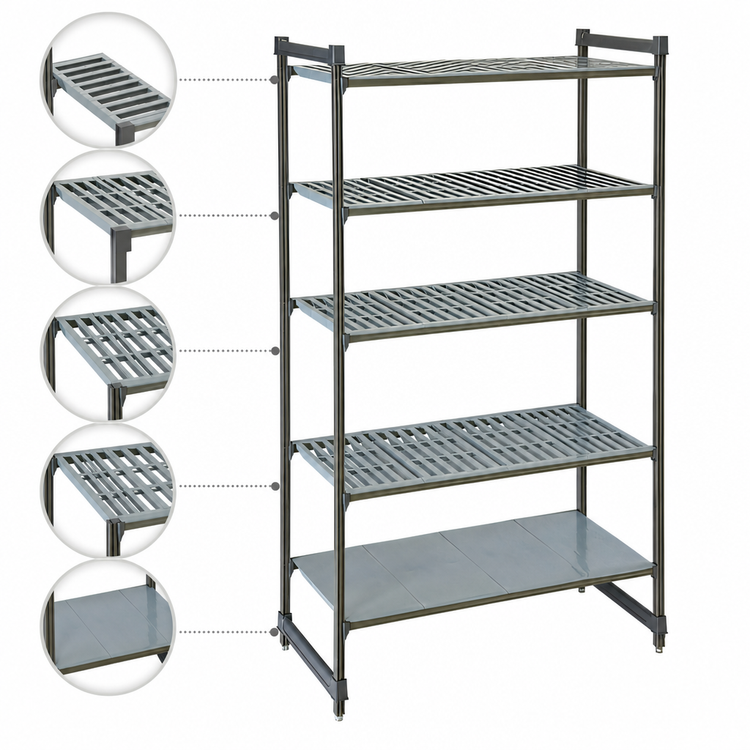 Product image #3 for Cambro Camshelving Basics Plus 18 in. x 30 in. x 84 in. 5-Tier Stationary Starter Polymer Shelving Unit, 4 Vented + 1 Solid, Brushed Graphite