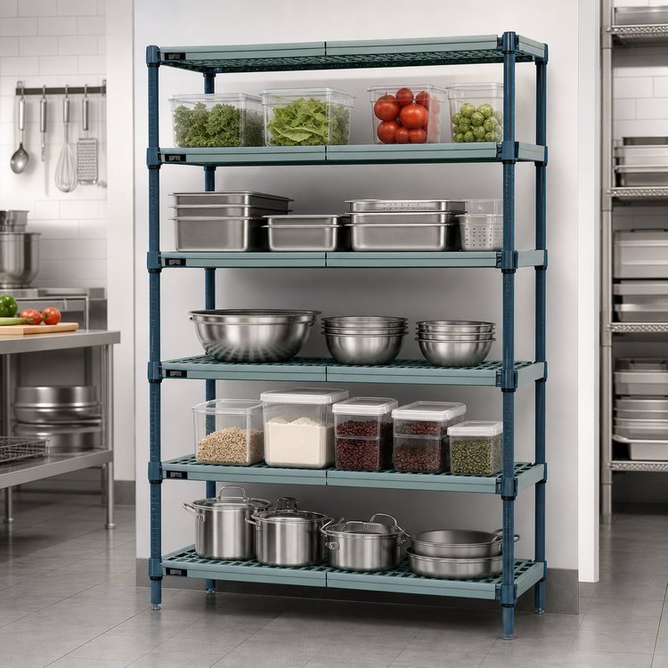 Product image #3 for Quantum 5-Tier Stationary Wire Plastic Mat Shelving Unit, 72-Inch W x 24-Inch D x 63-Inch H, Green Epoxy Coated