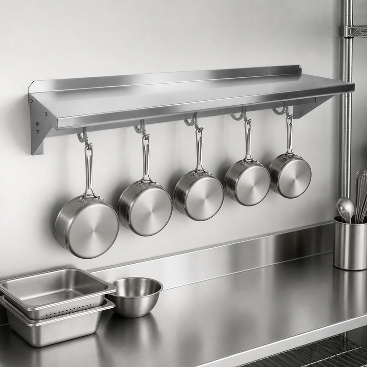 Product image #3 for John Boos Stallion Wall-Mount Stainless Steel Pot Rack Shelf with 5 Hooks, 60 x 18 Inches