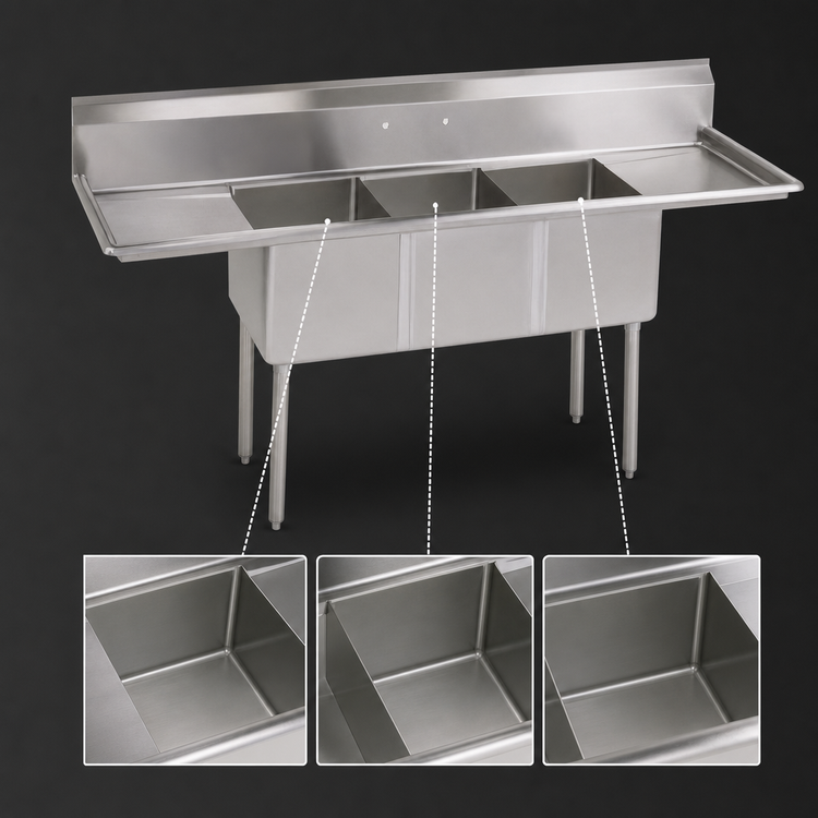 Product image #3 for John Boos E-Series Freestanding 3-Compartment Drainboard Sink with Left & Right Drainboards, 14-Inch Deep Bowls