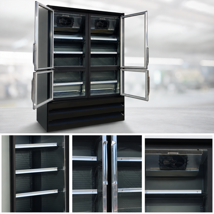 Product image #3 for Howard-McCray GF88BM-B-FF Four-Section Black Hinged Glass Door Frozen Food Merchandiser Freezer, 88 Cu. Ft., Bottom-Mount Self-Contained