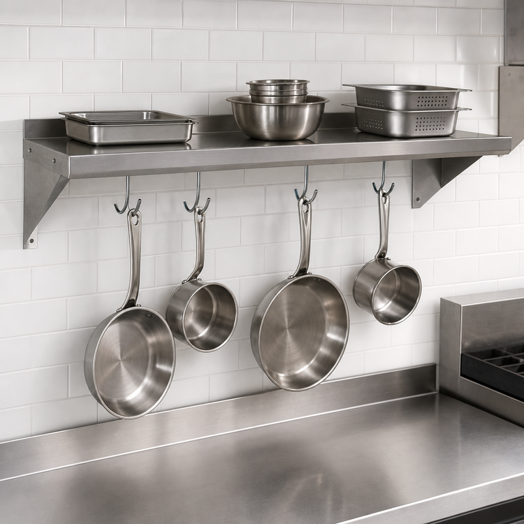 Product image #3 for BK Resources Economy Wall-Mounted Stainless Steel Wall Shelf with Pot Rack, 36 Inch W x 12 Inch D