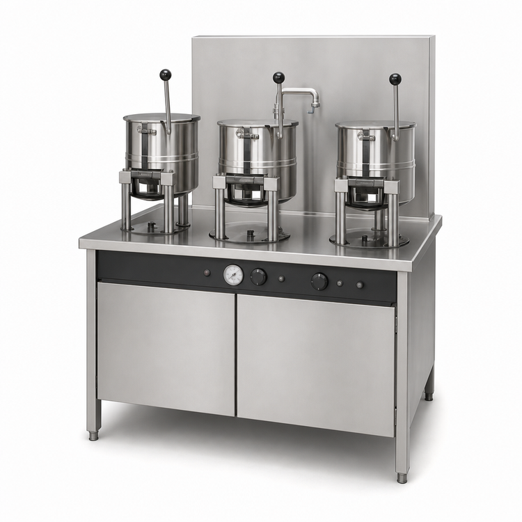 Product image #3 for Groen Electric Kettle Cabinet Assembly with Three 20-Quart Kettles, Hand Tilt, 54-Inch Stainless Steel Cabinet