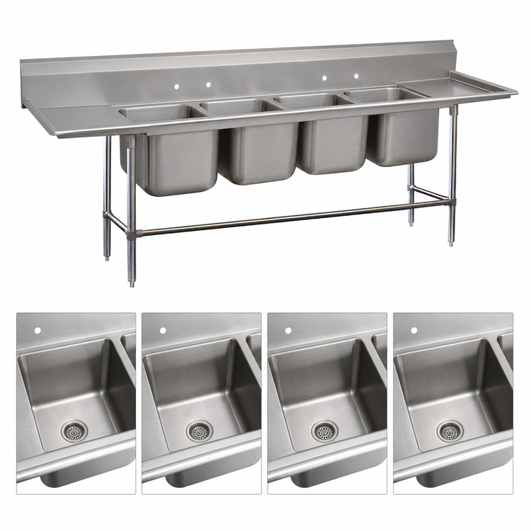 Product image #3 for Advance Tabco Regaline 4-Compartment Sink with Left & Right Drainboards, 122-Inch, 14-Gauge 304 Stainless Steel