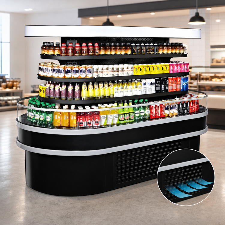 Product image #3 for Turbo Air 48-Inch Open Curved Self-Serve Island Refrigerated Display Merchandiser, 28.8 Cu. Ft., 3-Tier, Black